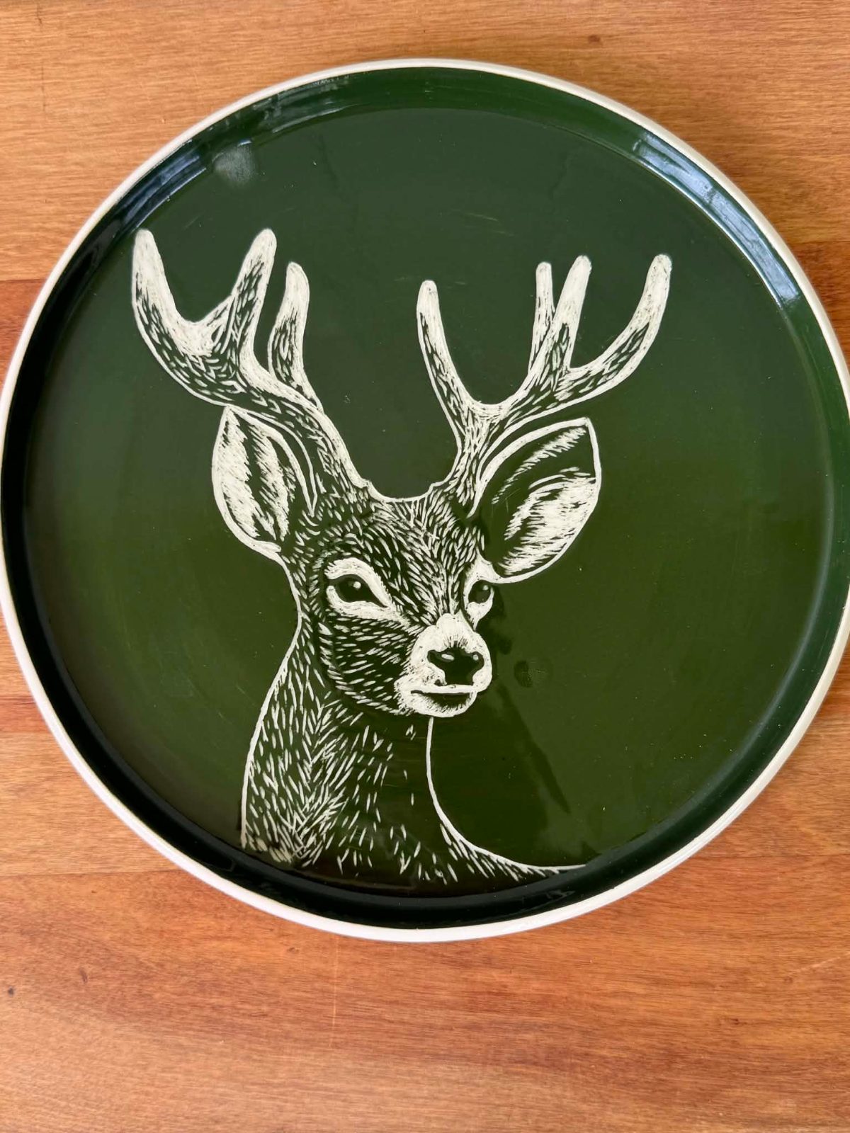 Hand Carved Deer : Forest Green on White Clay