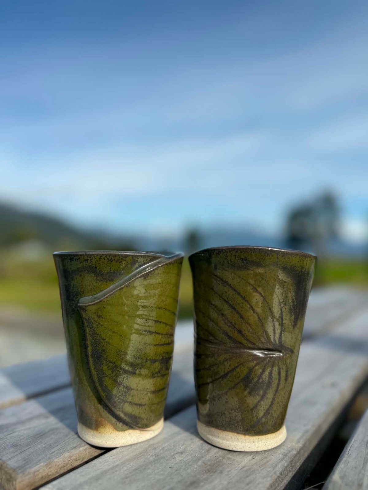 Hand Built Tumblers : Green Glaze on Speckled Clay, Leaf Imprinted
